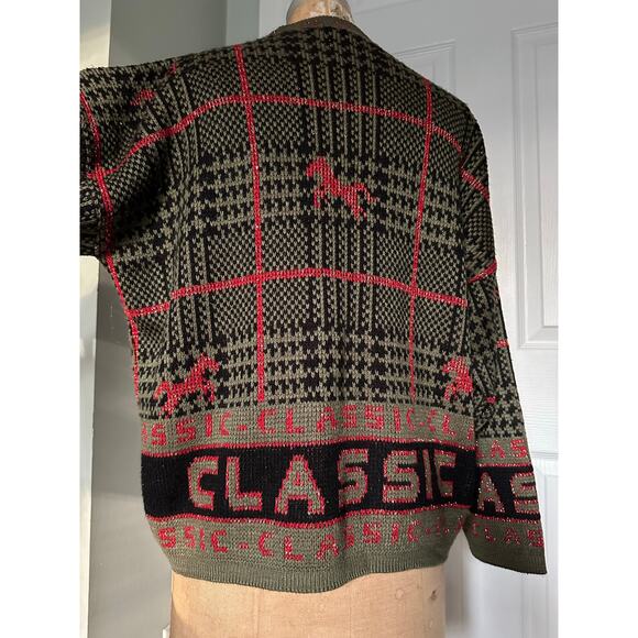 Vintage Knit Sweater green CLASSIC horse plaid Equestrian 80s - Picture 14 of 16